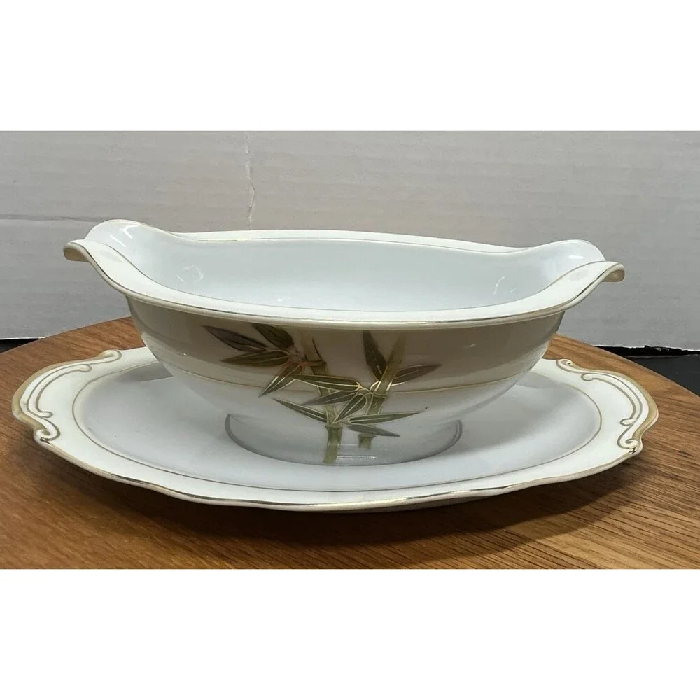 Vtg Kutani Japan Bamboo Pattern Fine Bone China Gravy Boat Attached Under Plate